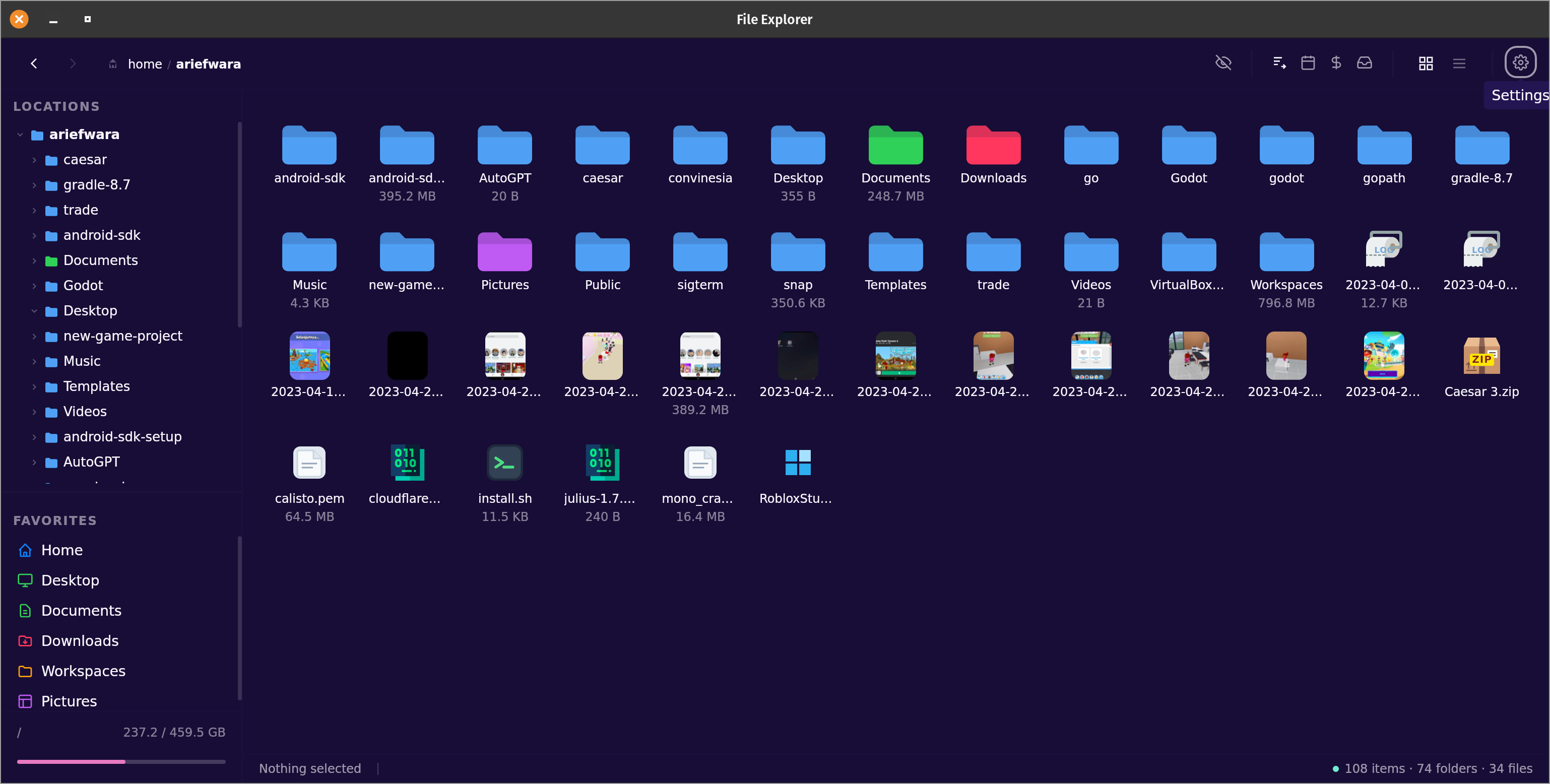File Explorer app — tree panel sidebar with grid view of home folder